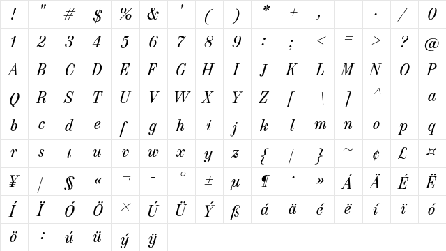 Heneczek Italic  glyph index