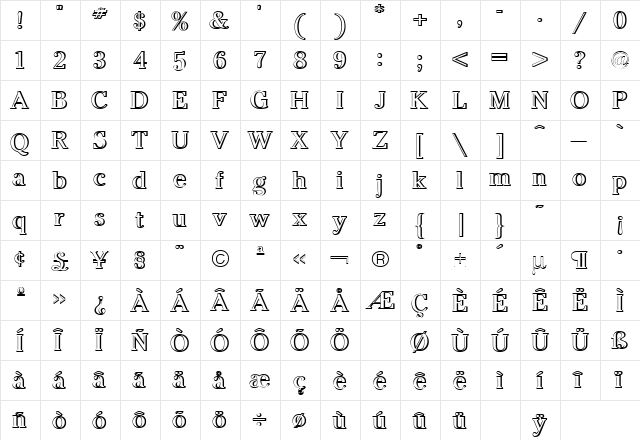 Cheltenham Outline Shadow Regular  glyph index