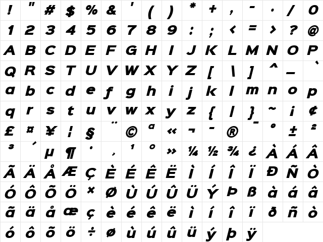 Sinkin Sans 900 X Black Italic 900 X Black Italic  glyph index