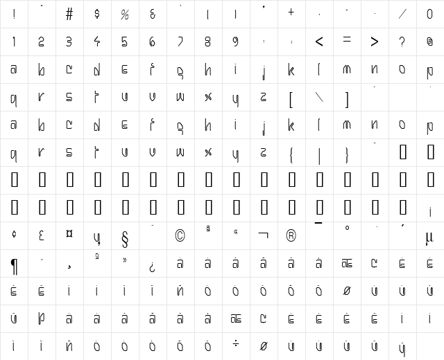 Hanger Condensed Normal  glyph index