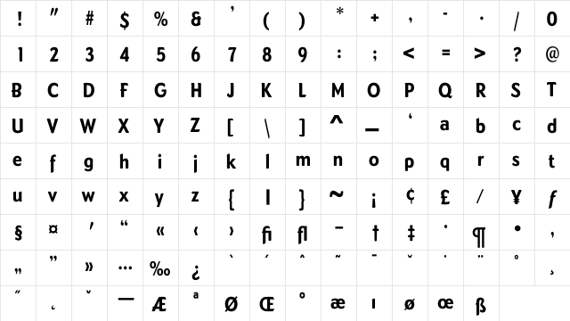 DundeeExBoldCond Regular  glyph index