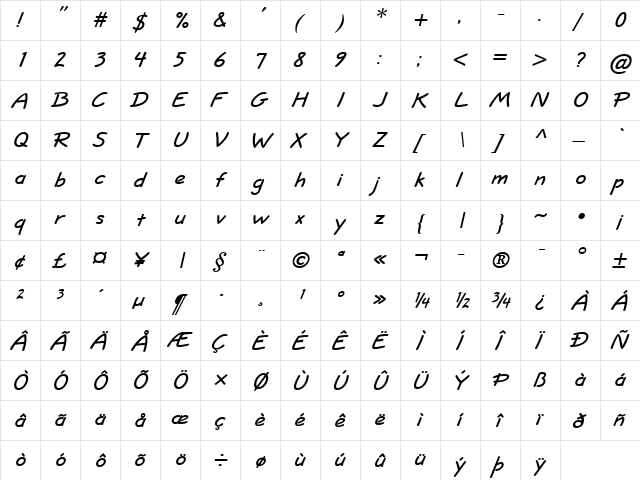 Short Hand Heavy BoldItalic  glyph index