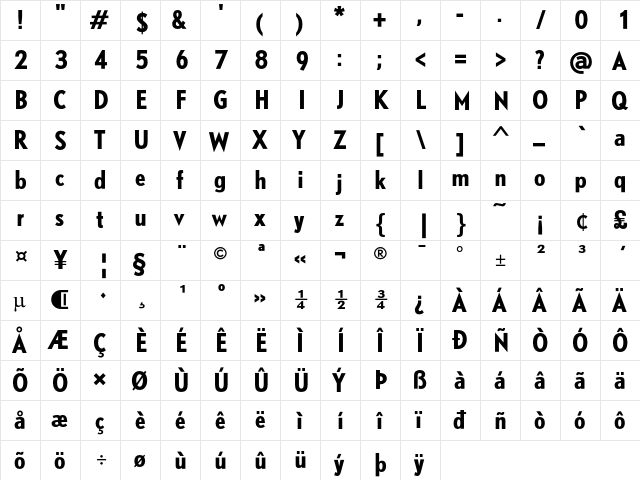 DTL Nobel T Condensed Bold  glyph index