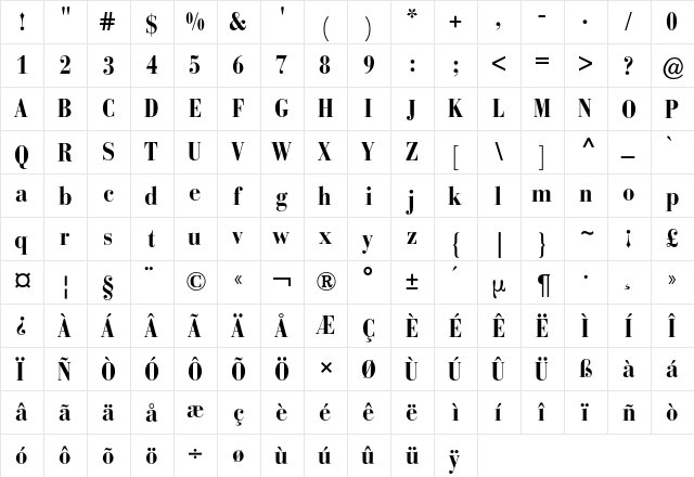 Bodoni Bauer BQ Regular  glyph index