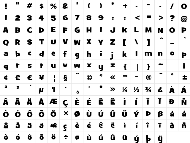 GrilledCheese BTN Wide Bold  glyph index