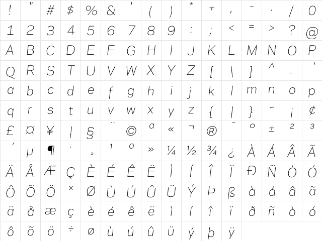 Galaxie Polaris Light Italic  glyph index