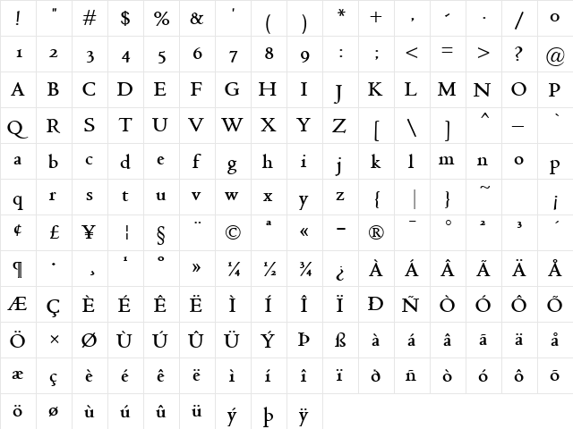 Jenson Classico Bold  glyph index