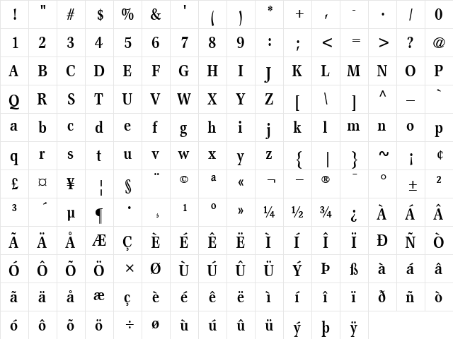 GarthGraphic-Condensed Bold  glyph index