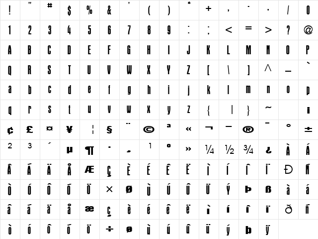 Modern Regular  glyph index