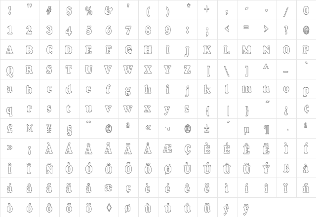 Alfredo Heavy Hollow Condensed Regular  glyph index