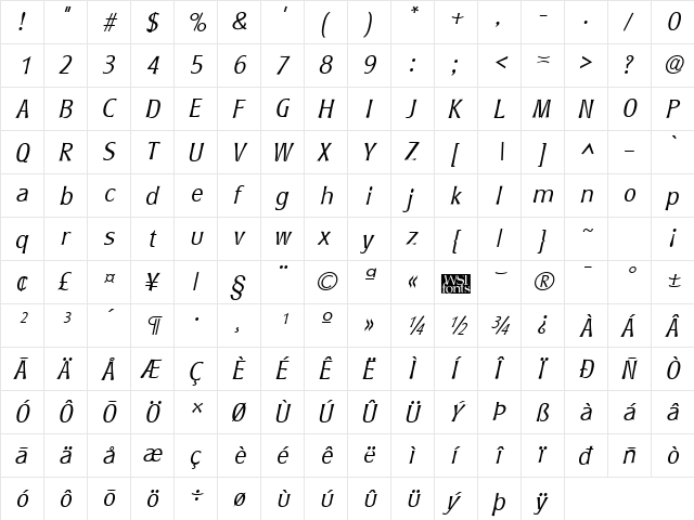 RyndersLight Italic  glyph index