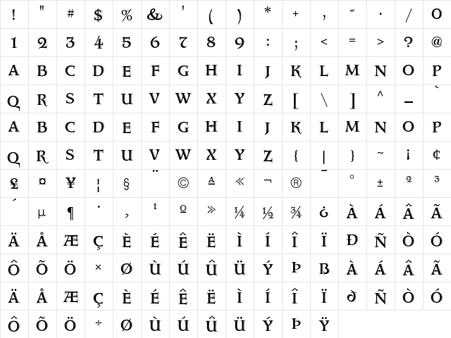 AquitaineInitialsICG Regular  glyph index
