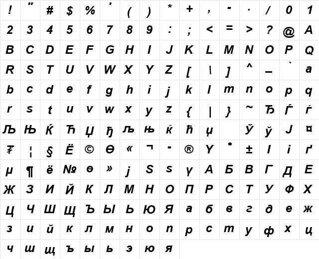 Arial Mon Bold Italic  glyph index