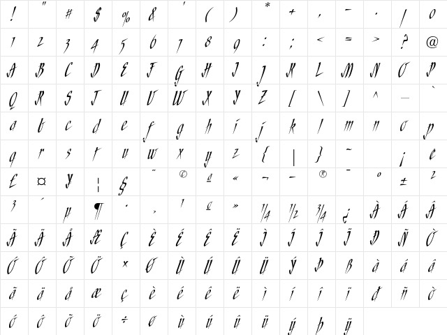 Needlescript ITC Std Regular  glyph index