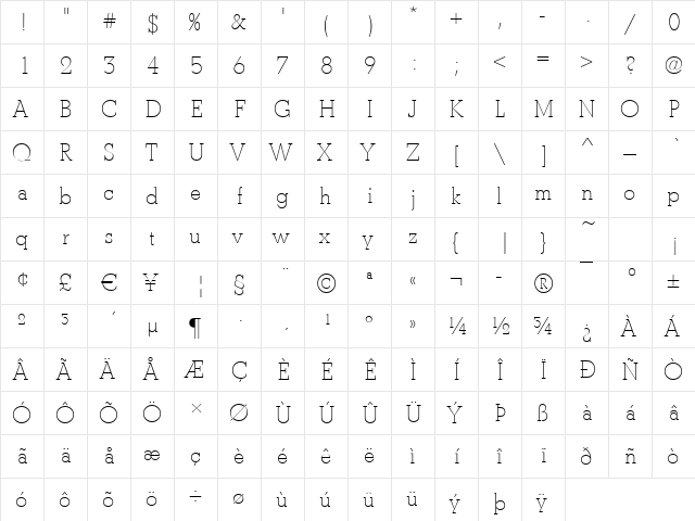 Boston-Light Regular  glyph index