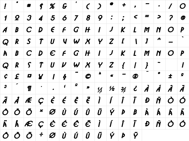 Busso Wide BoldItalic  glyph index