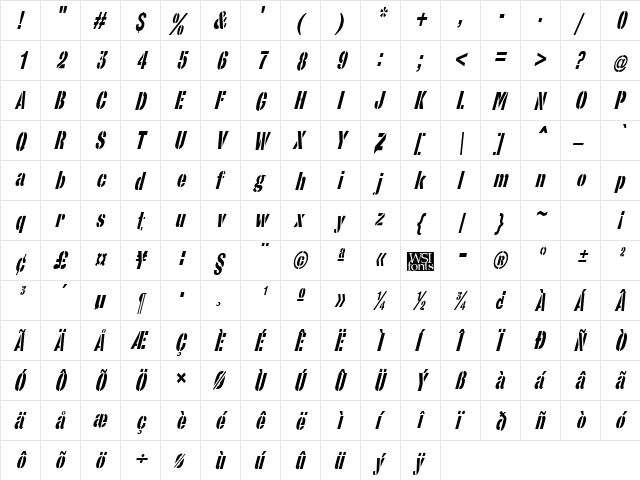 StencilSansCondensed Italic  glyph index