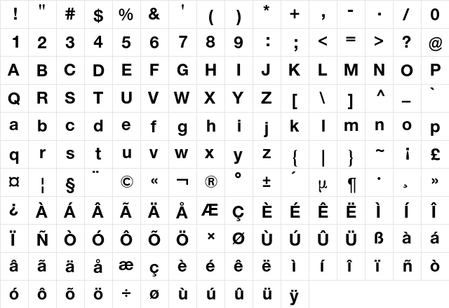 Neue Helvetica BQ Regular  glyph index