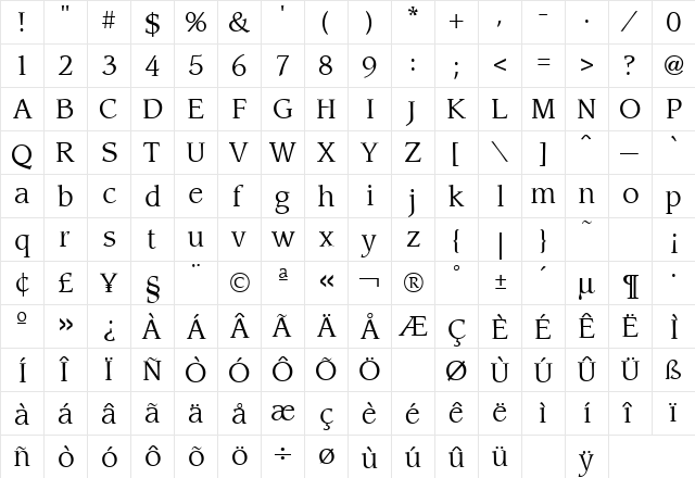 Leawood Regular  glyph index