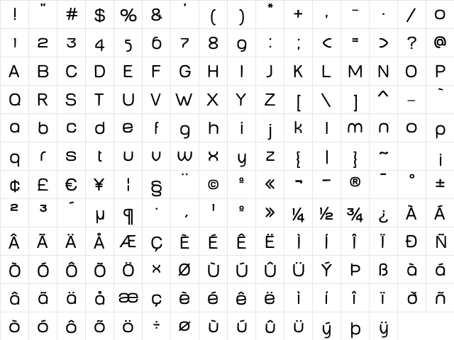 Baby MinePlump Regular  glyph index