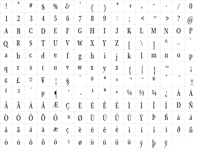MatureCondensed Regular  glyph index