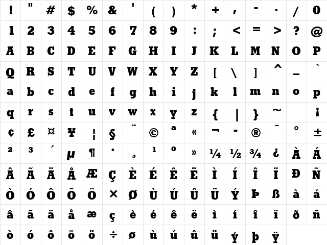 Stymie Extra Bold  glyph index