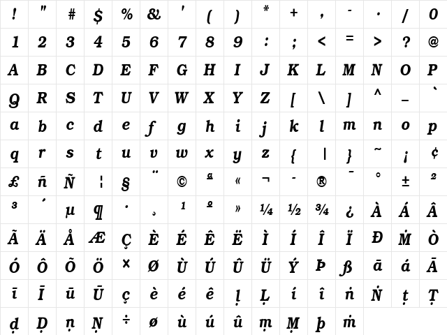 Pali Bookman Cond Regular  glyph index