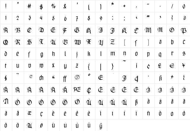BayreuthFraktur Regular  glyph index