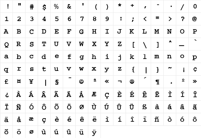 Mono-Bold-Bold Regular  glyph index
