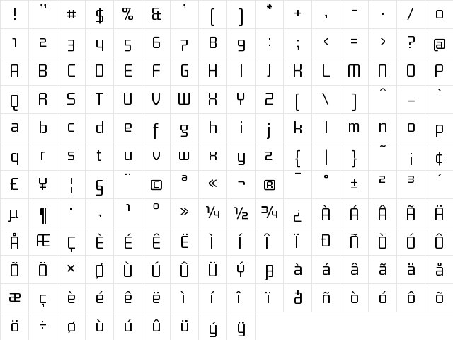 TitanText Regular  glyph index
