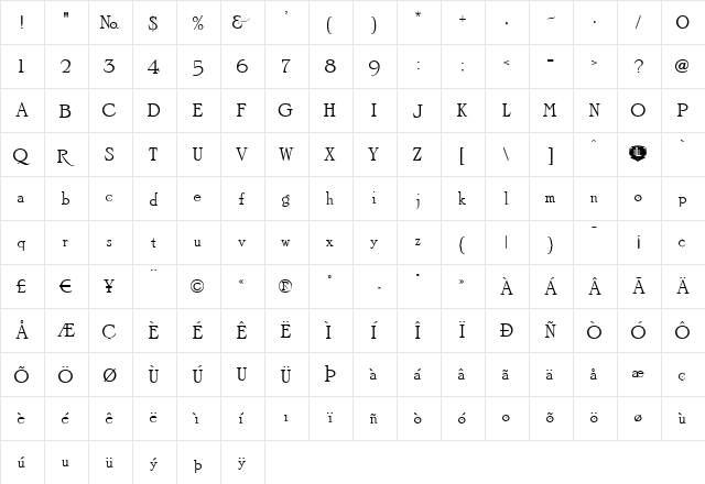 LHF Light Face Roman Regular  glyph index