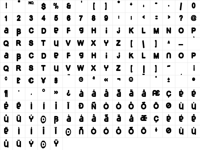 BrokenCode Regular  glyph index