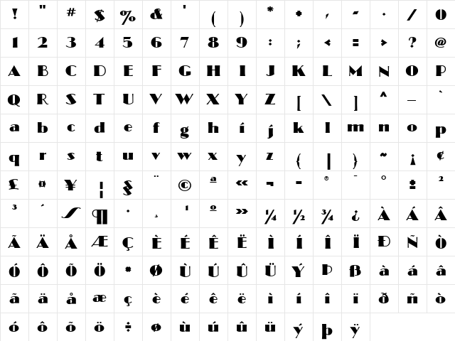 UltramodernClassicSG Regular  glyph index