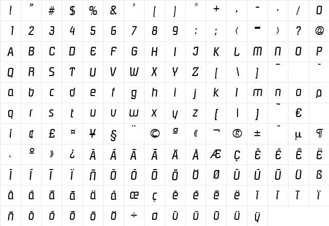 Pasadena-RegularIta Regular  glyph index
