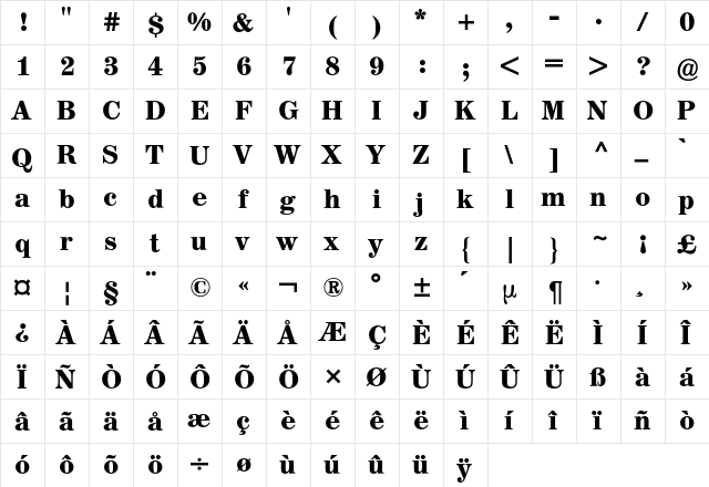Augustea BQ Regular  glyph index