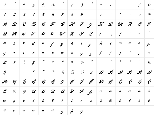 SedonaScriptFLF Regular  glyph index