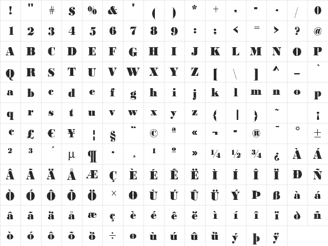 BodoniVjet2 Regular  glyph index