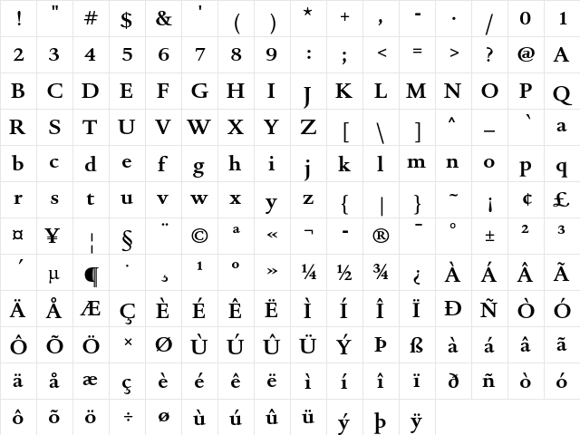 DTL Romulus T Bold  glyph index