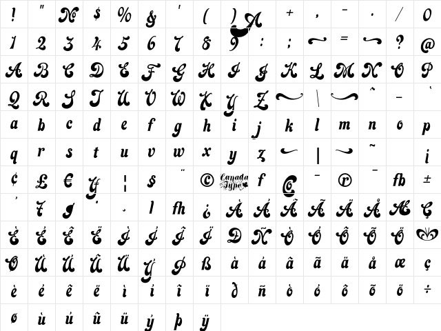 Jezebel Regular  glyph index