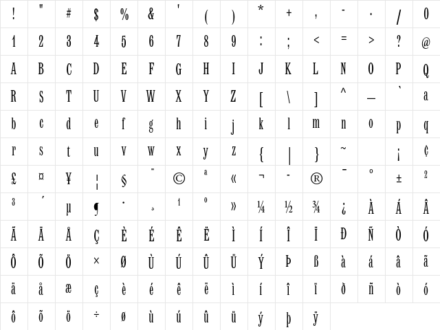 Latin MT Std Condensed  glyph index