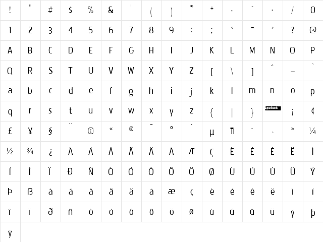 Pakenham Free Regular  glyph index