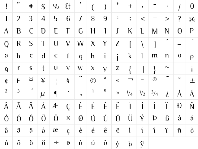 Binary ITC Std Light  glyph index