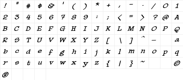 PaperBoy BB Italic  glyph index