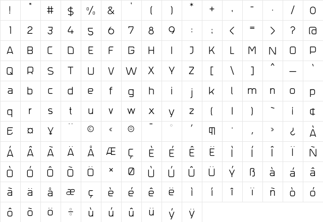 Trak Regular  glyph index