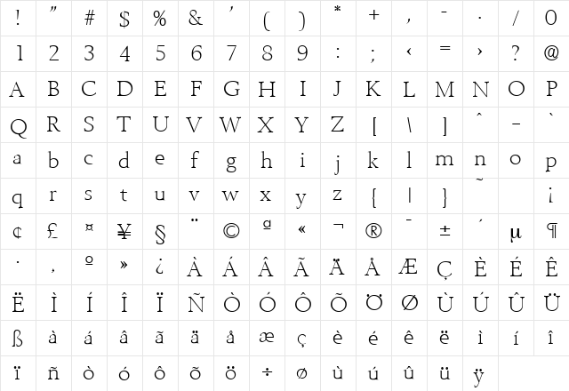Belfast-Serial-ExtraLight Regular  glyph index