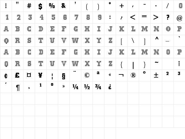 MeninBlue Regular  glyph index
