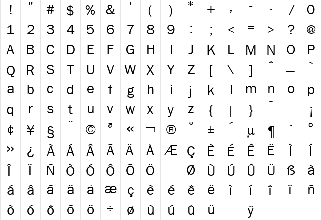 Franklin Gothic Regular  glyph index