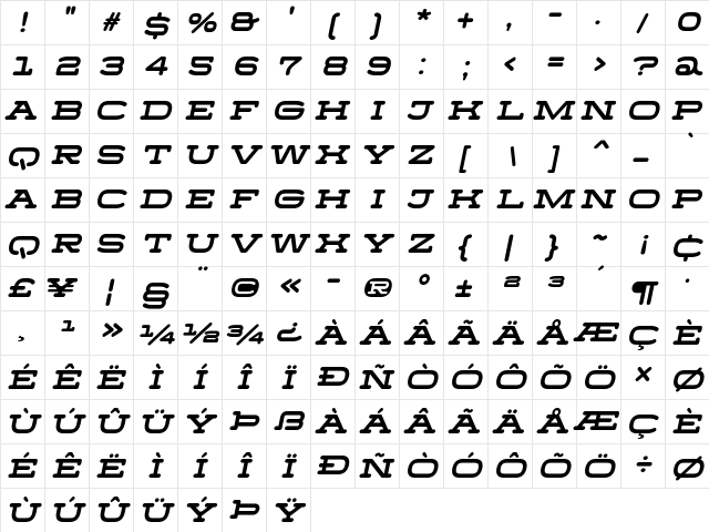 Menscho Italic  glyph index