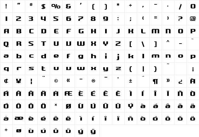 SF Quartzite Regular  glyph index