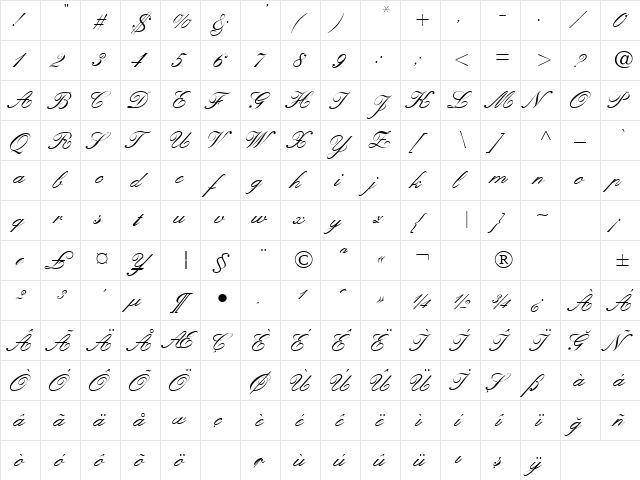 TR Kastler Italic  glyph index